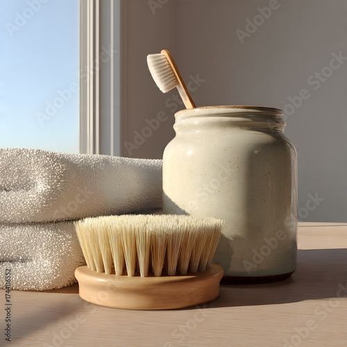 Natural morning self-care scene with towel, dry brush, and ceramic jar