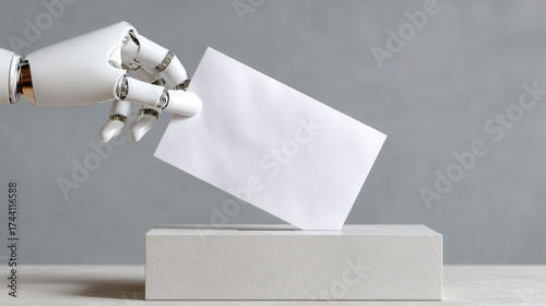 A robotic hand inserting a blank envelope into a ballot box symbolizing the future of voting and technology in elections
