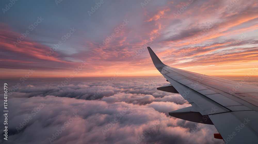 Obraz premium Airplane wing soaring above a sea of clouds at sunset