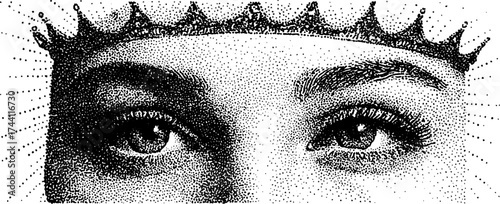 Intricate dotwork stipple art of eyes with crown elements