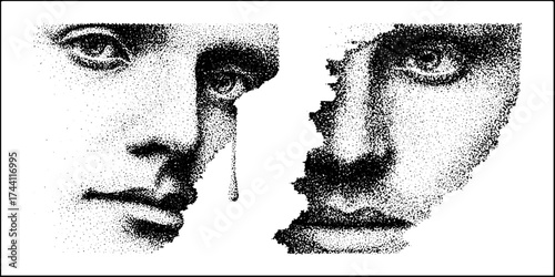 Intricate stipple dotwork art: faces divided in halftone effect