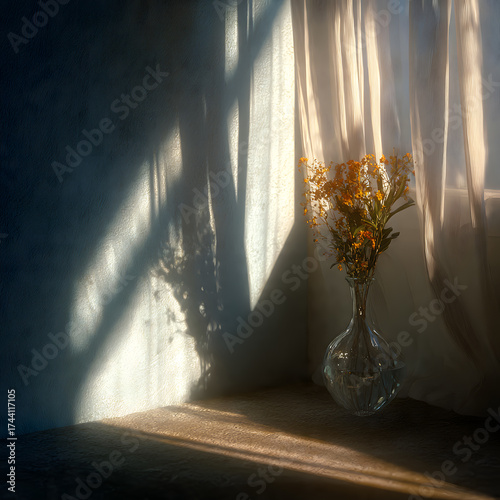 Soft Light Through Curtains and Vase of Flowers