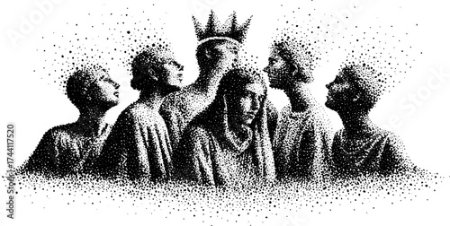 Stipple art of figures in motion with crown emphasis for creative projects