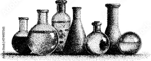 Detailed dotwork stipple illustration of laboratory flasks and retorts for scientific design