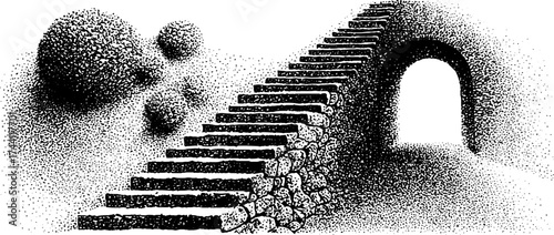 Dotwork stippling illustration of abstract floral domes with stairway and archway design