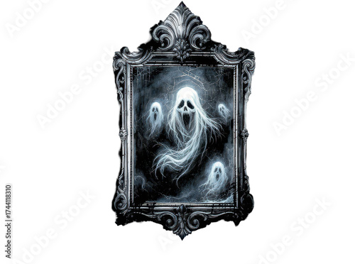 haunting ghostly figures emerging from ornate framed mirror in dark eerie setting