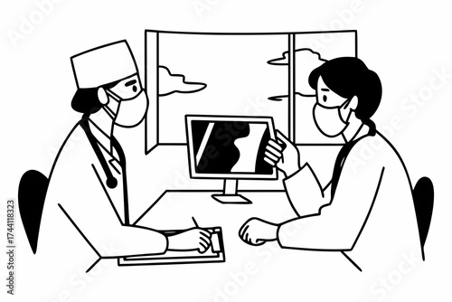 Two male doctors talk discuss difficult case by computer screen
