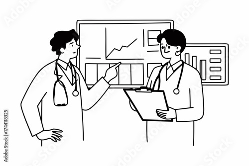 Two male doctors talk discuss difficult case by computer screen