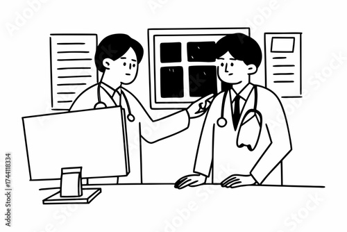 Two male doctors talk discuss difficult case by computer screen