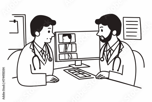 Two male doctors talk discuss difficult case by computer screen