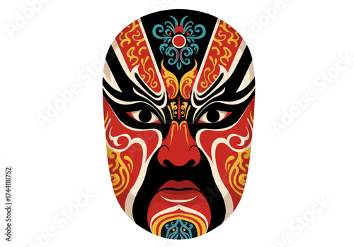 Ornate mask featuring red black gold and blue colors and intricate design with distinct facial features