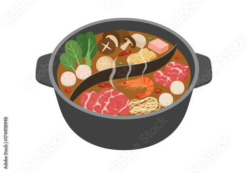 Pot of hot pot featuring meats vegetables noodles and more
