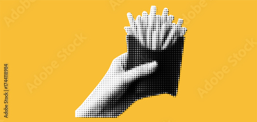A hand collage with halftone and french fries for a fast food poster or pop art design with a retro style..