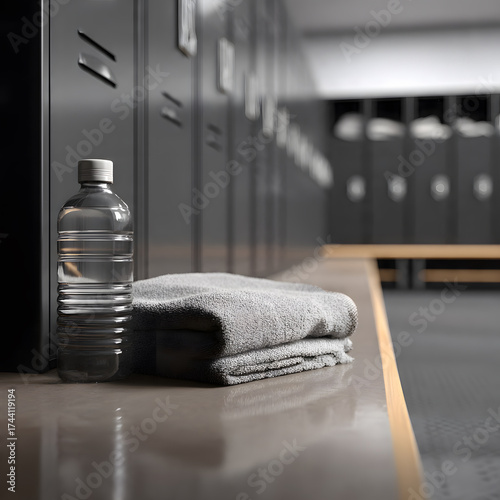 Minimal locker room bench with folded towel and water bottle