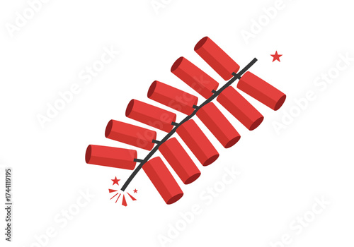 Red firecrackers connected by a black fuse lit on one end with a star on both ends