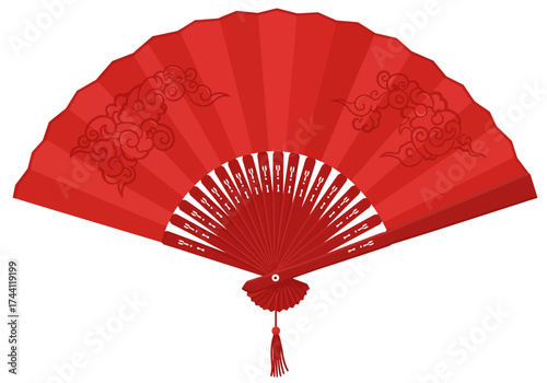 Red fan with cloud designs tassel and white accents