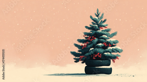 Creative Christmas tree made of car tires with ornaments — festive holiday banner for auto service and car repair shops