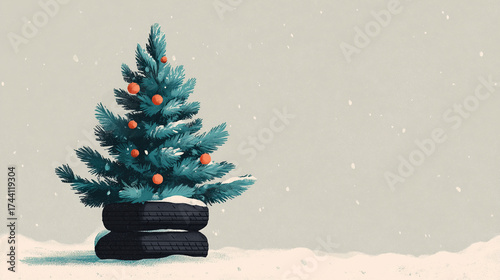 Creative Christmas tree made of car tires with ornaments — festive holiday banner for auto service and car repair shops