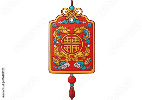 Red  gold Chinese charm with dragons knot tassel clouds  character