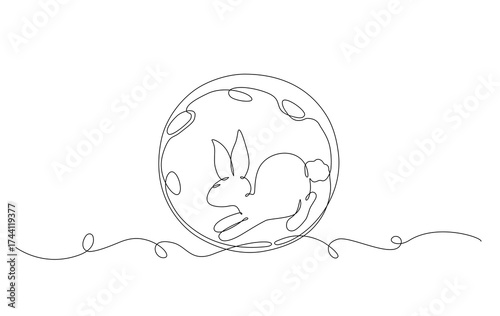 Minimal continuous one line drawing of a rabbit inside the full moon, symbolizing the Moon Rabbit legend with elegant simplicity and clean modern line art style. Vector Editable stroke