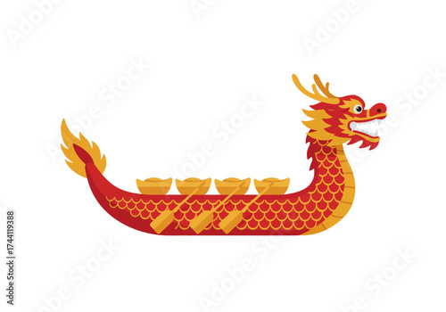 Red  gold dragon boat with oars and hornlike details Scales cover the boats body