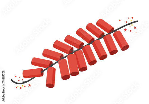 String of red firecrackers with sparks and yellow fuse on white background
