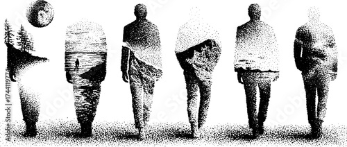 Intricate dotwork illustration of human figures with stippled landscape elements