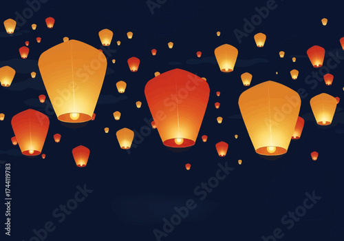 Sky lanterns float against a dark blue night sky glowing with warm light