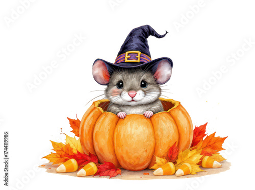 adorable mouse in witch hat peeking from pumpkin with halloween candy and autumn leaves