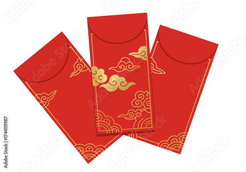 Three red envelopes with golden cloud patterns possibly for monetary gifts during celebrations