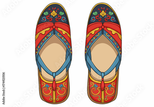 Two ornate flipflops sit sidebyside on a white background viewed from above