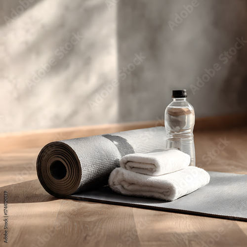Yoga mat with towels and water bottle in morning sunlight