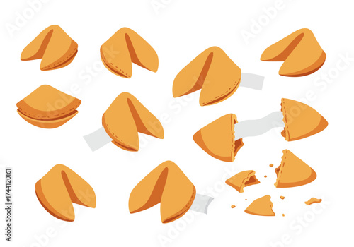 Various fortune cookies some with paper slips and crumbs of one broken cookie