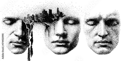Surreal human heads with cityscape dotwork stippling art design for creative projects