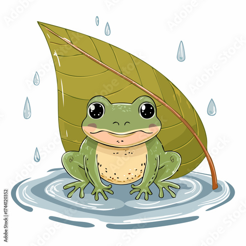 Ein kleines Froschjunges sitzt geschützt unter einem Blatt
