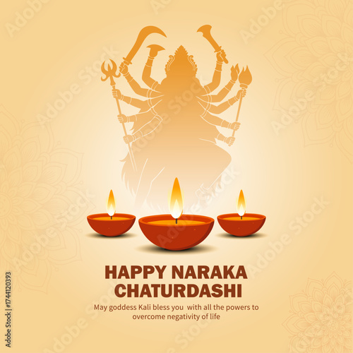 Happy Naraka Chaturdashi Greeting with Diyas and Goddess Kali Silhouette