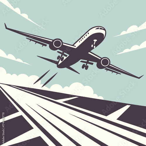 Illustration of a plane taking off from the runway on a cloudy day