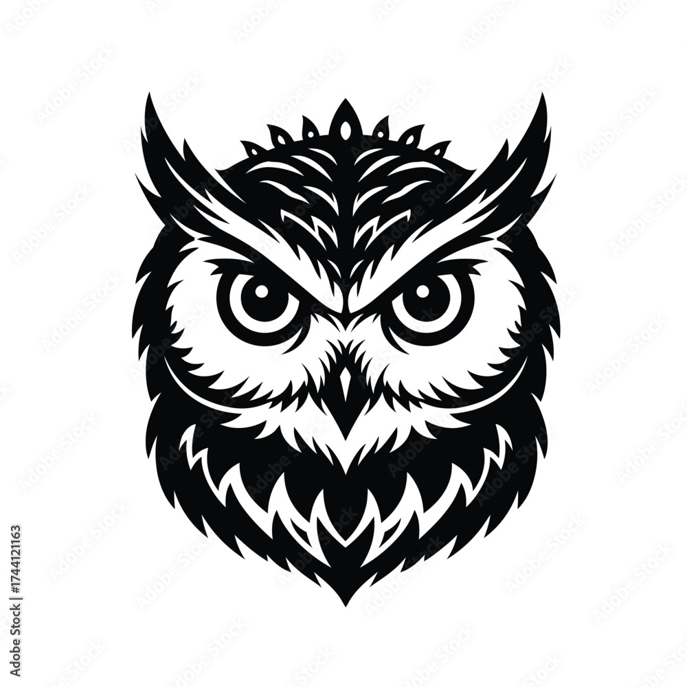 Obraz premium Black owl head with intricate details on white background