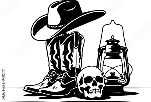 Vintage Western Iconography Cowboy Hat, Boots, Human Skull, and Antique Kerosene Lamp Silhouette