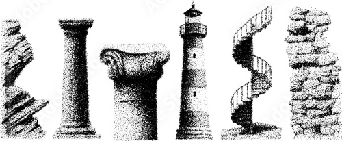 Intricate dotwork stipple collection of lighthouses and architectural structures for artistic design and decor