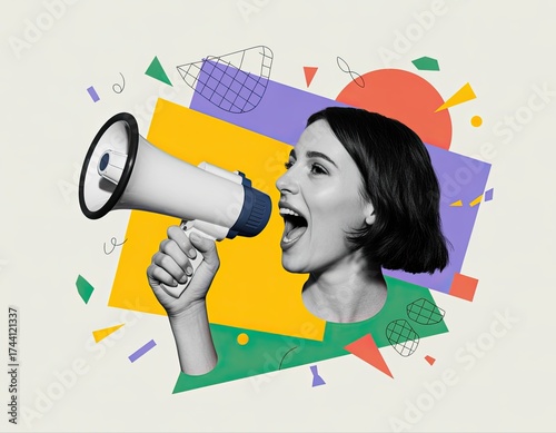 young energetic woman with megaphone in vibrant abstract creative design