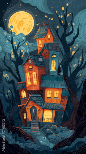 Whimsical cartoon haunted house vector illustration, crooked architecture, glowing windows, twisted trees, full moon, playful ghosts peeking out, bright saturated colors, children's book illustration 