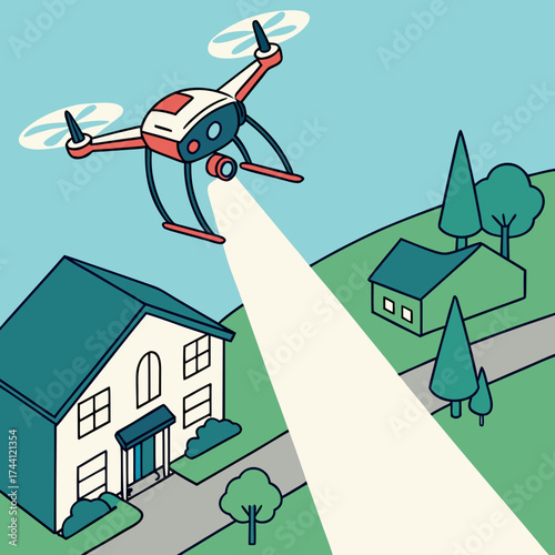 Drone delivering package to house, aerial view of neighborhood on sunny day