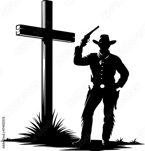 A lone western gunslinger stands in silhouette by a Christian cross, holding a revolver in reverence