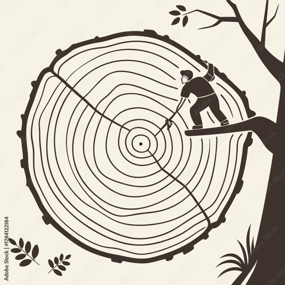 Fototapeta premium Lumberjack on tree ring in vector graphic style