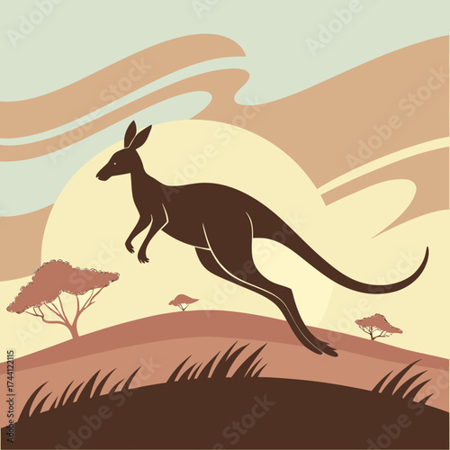 Kangaroo jumping in the australian outback with sunset background