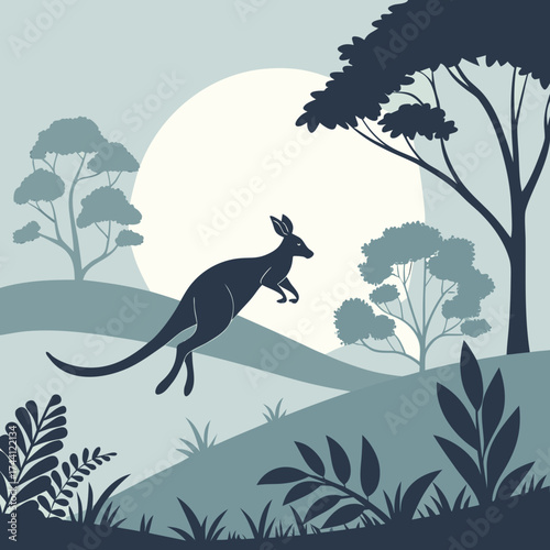Kangaroo jumping in the australian outback landscape with trees and sun