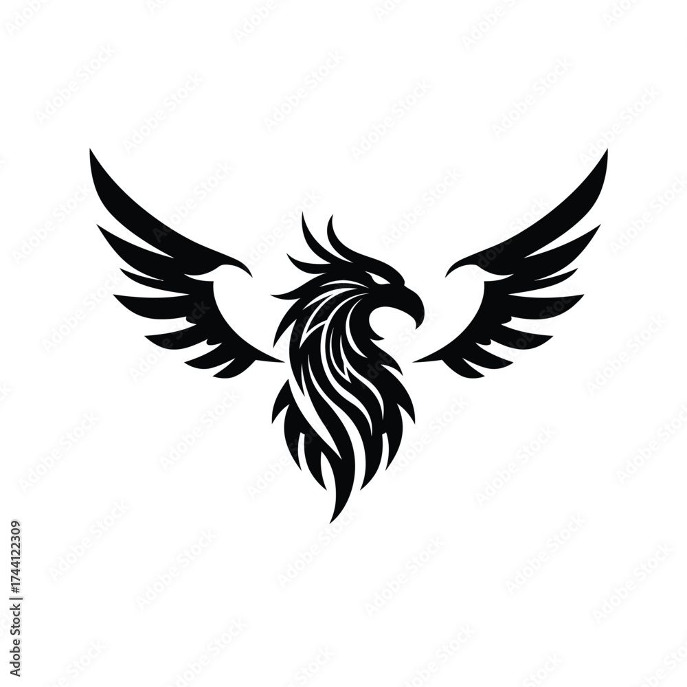 Obraz premium Black phoenix bird logo with spread wings Keywords: phoenix, bird, logo, symbol, mythical