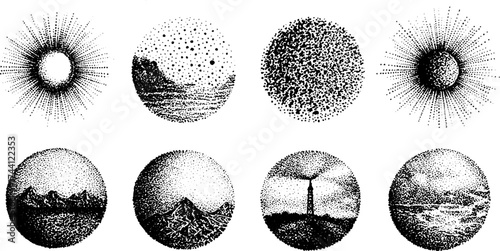 Intricate dotwork stipple illustration set of mechanical suns