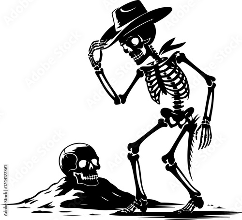 Skeleton Cowboy Tipping Hat to Skull Emerging from Ground